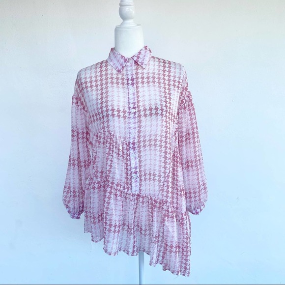 Topshop Pink Check Tiered Long Sleeve Asymmetrical Blouse Button Down Shirt - Picture 11 of 12